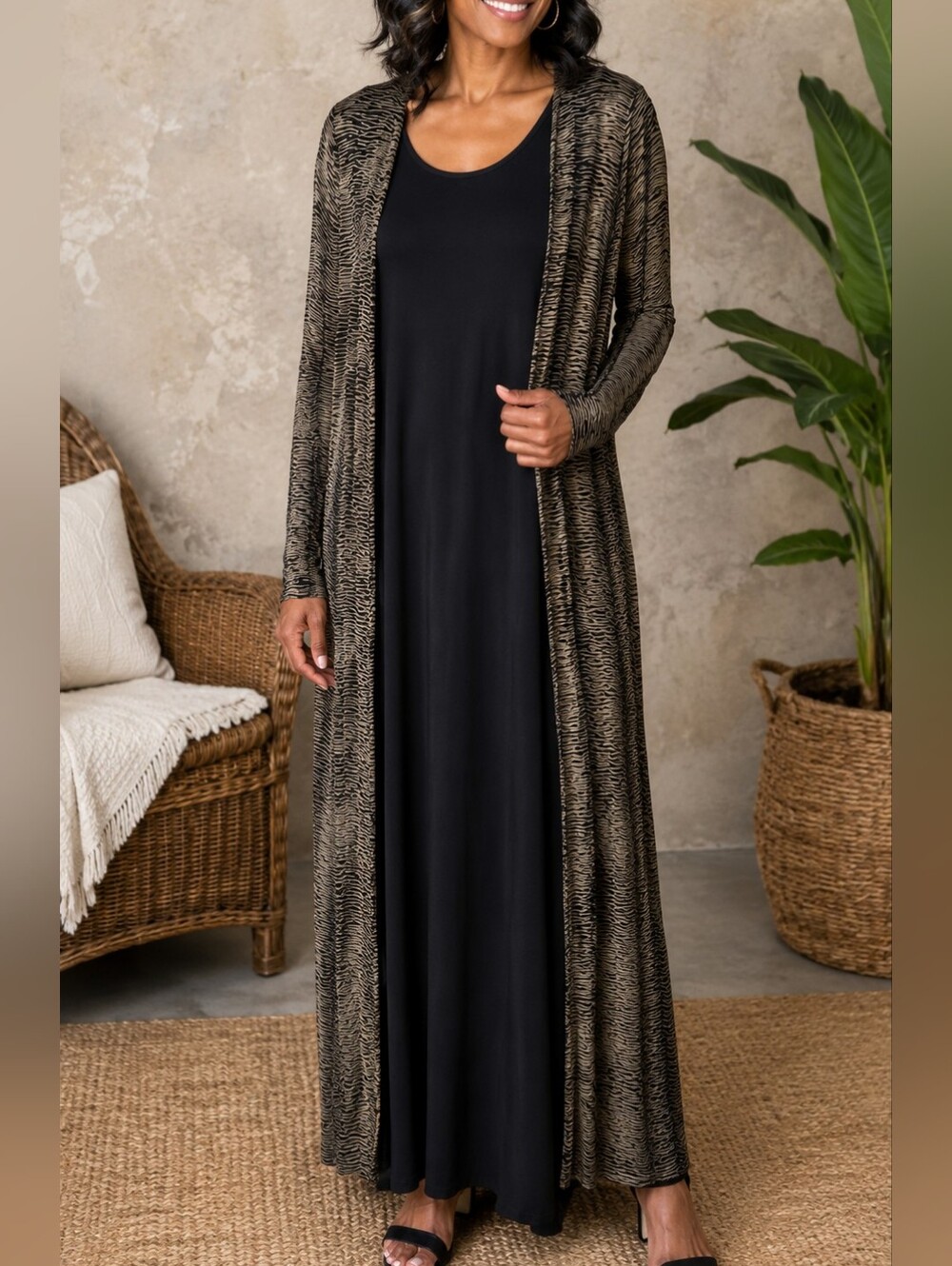 Susan Lawrence Black Maxi Dress with Brown Printed Duster Sz L - Preloved
